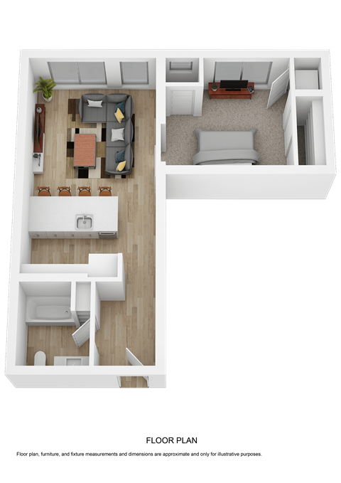A floor plan of a house with a living room, kitchen, and two bedrooms.